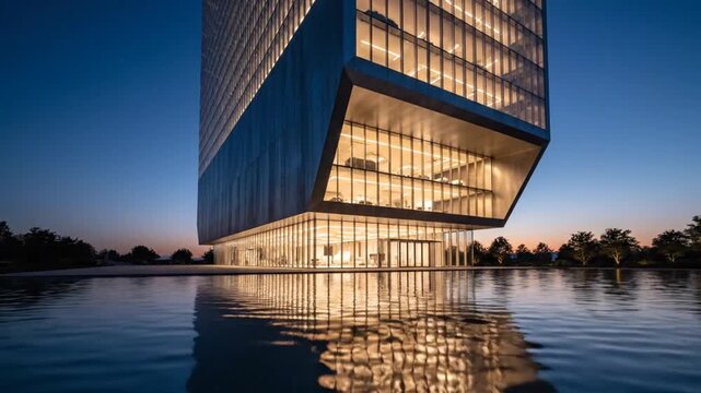 A sleek glass skyscraper rising over calm water at dusk with modern cantilevered base