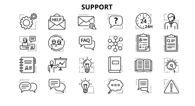 A cohesive set of line art icons depicting communication, support and documentation for user interfaces.