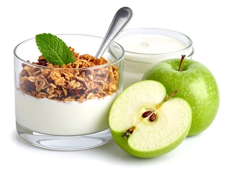 A cup of yogurt and granola sits next to two green apples on a white background, with a spoon and mint