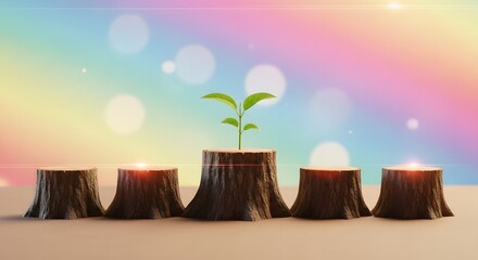 Fototapeta premium Small plant growing on tree stump with colorful background