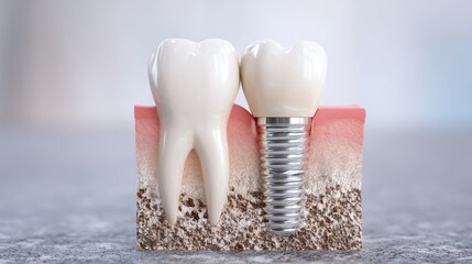 Close-up of dental implant with natural teeth.