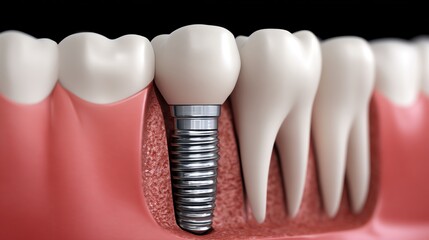 Dental implant in a human mouth close-up.