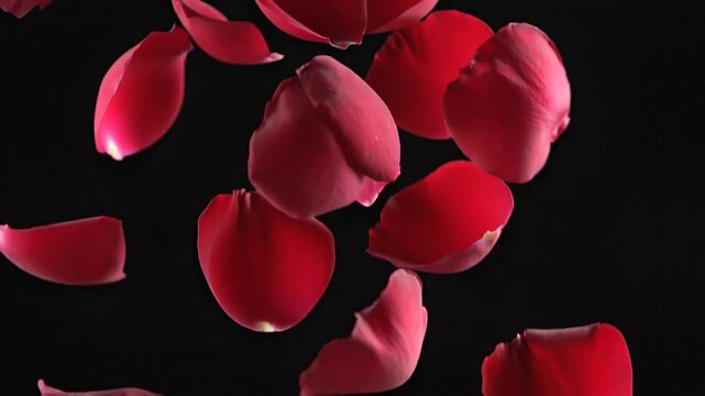 Super Slow Motion Falling Rose Petals on Clear Black Background