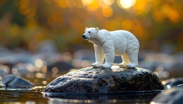 A small white ursine figurine stands confidently atop a wet, rocky formation in the foreground with blurry bokeh in the background