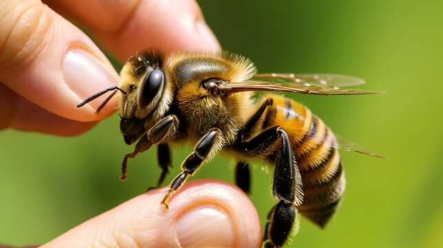bee : apis mellifera treatment by honey bee sting closeup honey bee stinging a hand close up bee worker insects, insect, animal, wildlife, wild nature, forest, woods, garden beauty of pollination