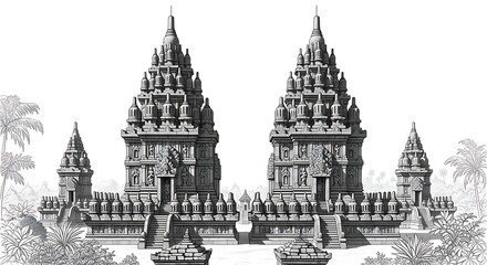 Detailed black and white sketch of an ancient Southeast Asian temple with intricate carvings, a prominent mythical face above the entrance, and lush jungle foliage.