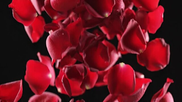 Super Slow Motion Falling Rose Petals on Clear Black Background