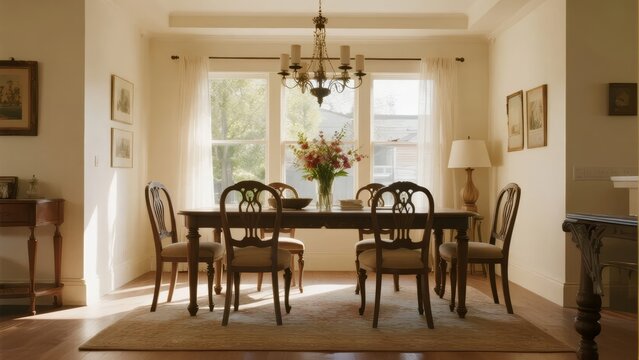 Elegant dining room with wooden table, chairs, and natural light from large windows