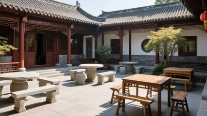 Obraz premium Traditional Chinese courtyard with wooden tables, stone benches, and classic architecture featuring tiled roofs and red pillars