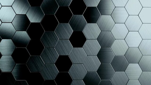 Black hexagonal honeycomb background. Seamless loop 3D render animation. Animated background of striped hexagons with cold illumination