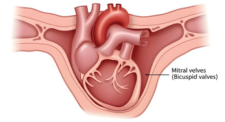 Detailed medical illustration of human heart with mitral valve anatomical structure for educational purposes
