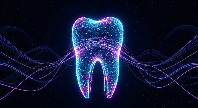 Digital glowing tooth with light waves. Dental technology and oral hygiene. Blue neon molar tooth made of dots and lines floating in a dark starry space