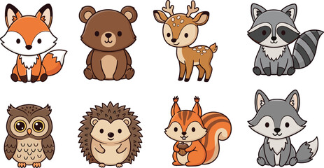 Fototapeta premium Cute woodland animal characters set in flat cartoon style