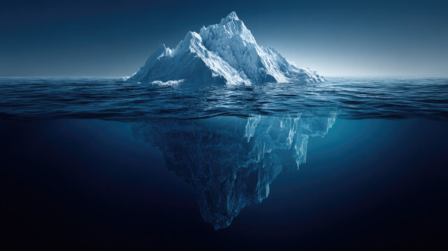 Arctic iceberg floats with hidden danger below concept. A stunning iceberg floating in crystal-clear ocean water.