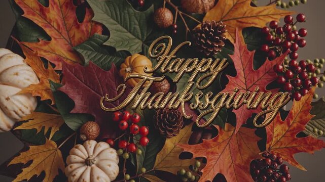 Abundant harvest tabletop with pumpkins, golden Happy Thanksgiving script over layered oak and maple leaves, white mini pumpkins and red holly berries, rustic burlap copper accents, vintage platter