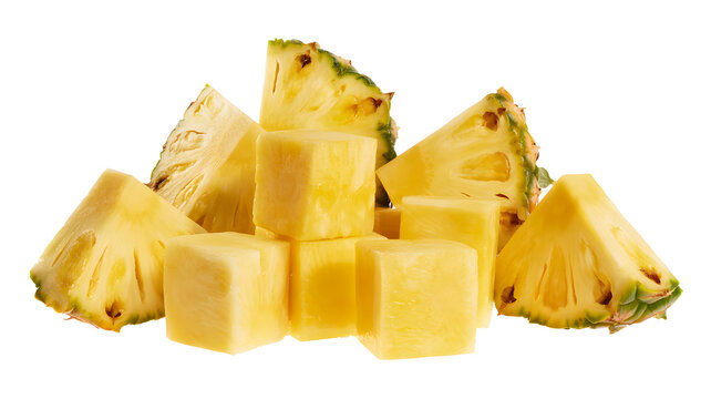 A pile of fresh pineapple chunks on a white background