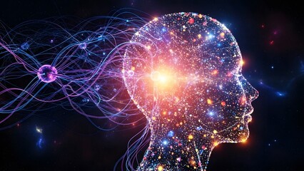 Fototapeta premium Artificial intelligence and neural network brain processing. Digital human profile in deep space. Glowing particles and data streams forming a cosmic mind and cognitive technology