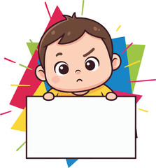 Angry cartoon boy holding a blank white sign framed by colorful geometric shapes and energetic lines
