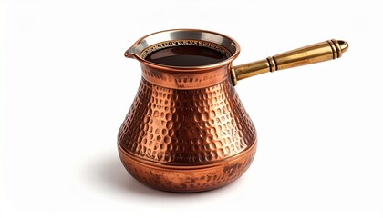Elegant Copper Coffee Pot Filled with Rich Brew on White Background.