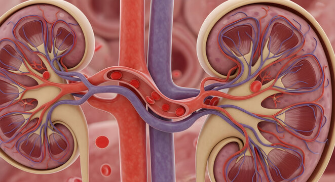 Detailed medical illustration of human kidneys and ureter with blood vessels for educational purposes