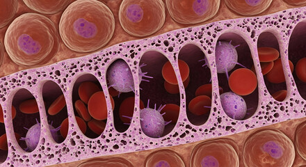 Microscopic view of human blood cells in capillaries for educational and medical use