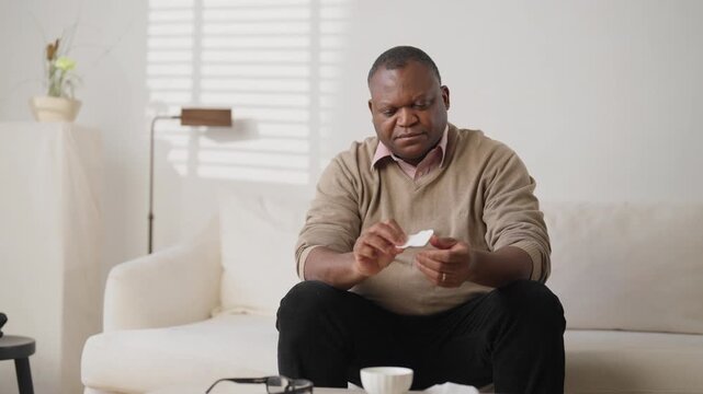 Portrait of middle-aged man unpacking and sticking nicotine patch on arm. Innovative transdermal patch for curing nicotine addiction and inputting medicine in blood, modern technology of medicine