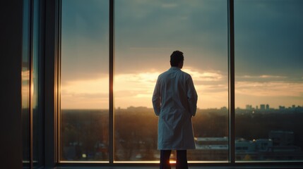Fototapeta premium Doctor by Window Overlooking City Backlit Silhouette in Contemplation