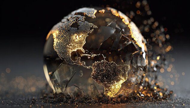 A shattered globe, continents in glittering gold, fragments on a dark surface, black background