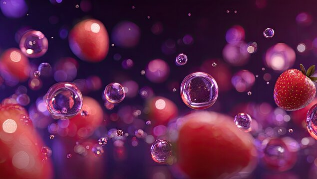 Artistic rendering of strawberries with bubbles, floating against a blurry, gradient background