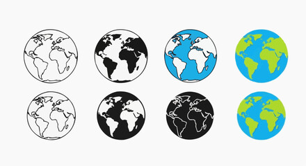 Obraz premium World Globe Icon Set: Outline, Silhouette, and Color Vector Illustrations of Earth