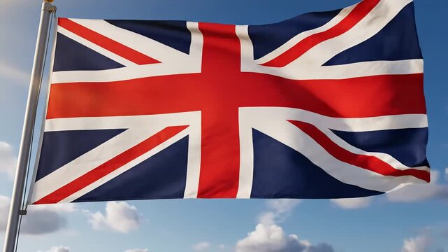 The Union Jack flag of the United Kingdom waves proudly in the wind against a clear blue sky with soft white clouds symbolizing national pride and British heritage.
