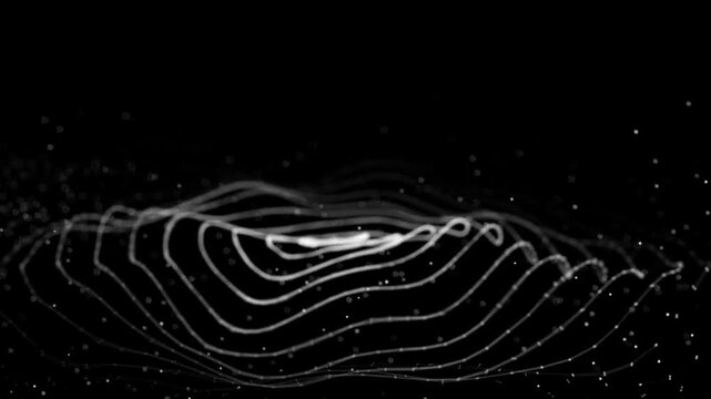 Animation of wave topography particle binary technology coding white digital line wave against black background
