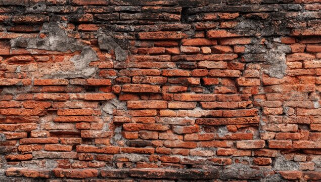Close-up of weathered and worn brick wall, with exposed mortar and aging textures