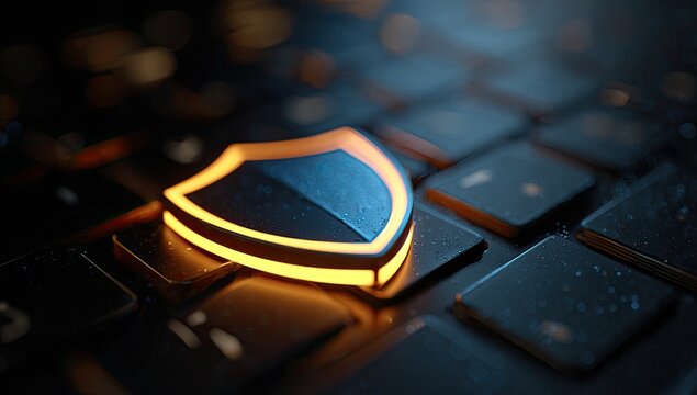 Glowing digital shield over a keyboard, representing online security and data protection