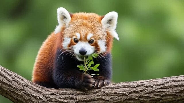 Cute red panda sitting on a tree branch and eating a green leaf in its natural habitat