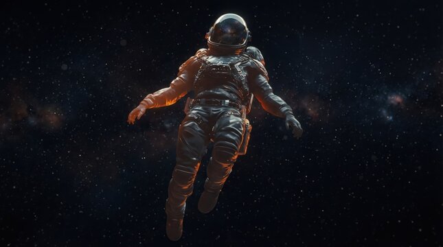 Astronaut floating in deep space, detailed suit texture, surrounded by stars and distant galaxies, zero gravity, cinematic
