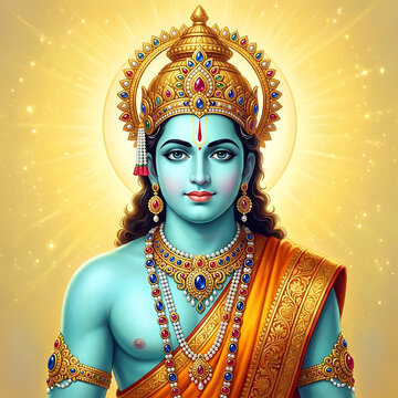 Lord rama portrait with blue skin and golden crown wearing jewelry for hindu festivals including rama puja and ram navami celebrations plus the victory dussehra