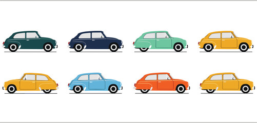 Collection of vintage retro small cars in various colors like blue orange yellow and green in flat design style for automotive icons travel patterns transportation theme isolated on white background. © Mifta