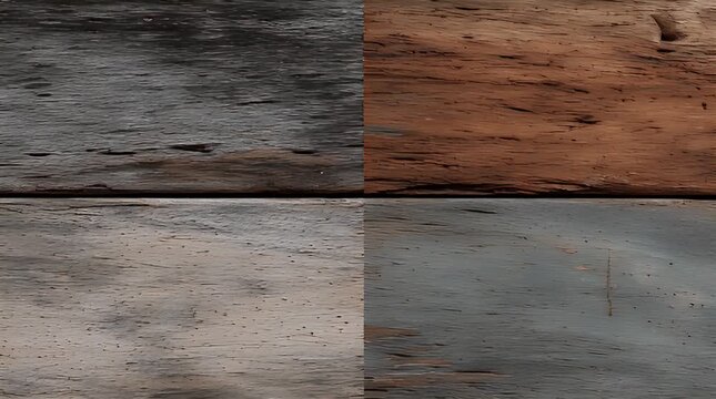 A four-part image showcasing varying textures of weathered wood. Each segment presents different colors and degrees of wear, demonstrating natural patterns