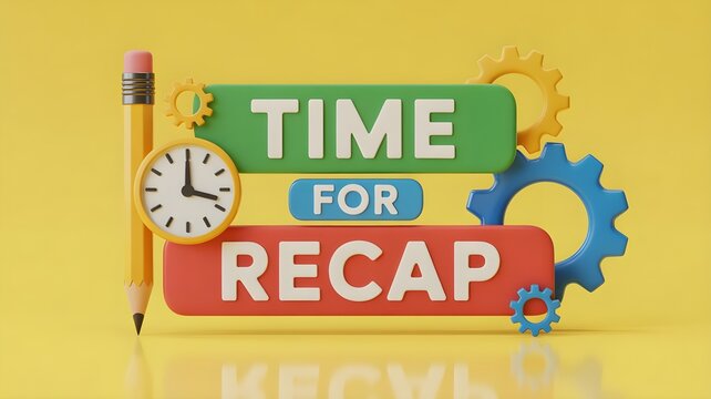 Colorful 3d illustration of time for recap text with clock pencil and gear on yellow background for business education and productivity concepts