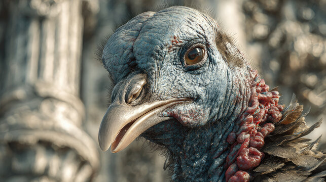 Cartoon turkey with wooden sign saying happy thanksgiving concept. Close-up of a turkey showcasing its unique features and colors.