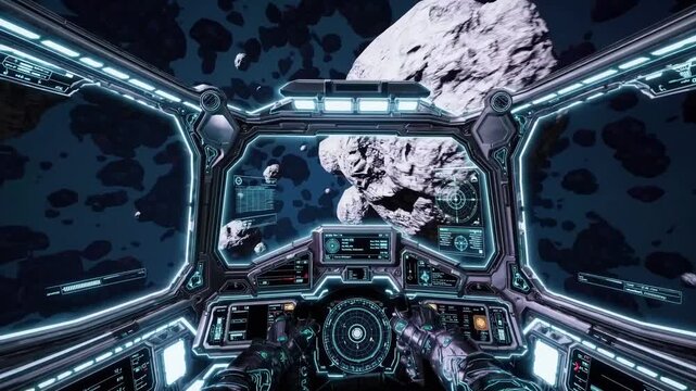Cockpit view navigating dense asteroid field with illuminated control panels, pilot performing evasive maneuvers while scanner maps tumbling rocks and hull shields engage under blue lighting