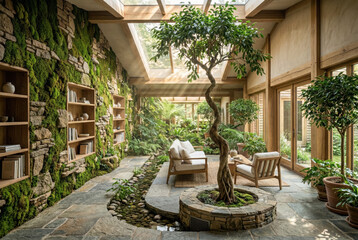 Fototapeta premium Modern indoor courtyard with lush plants, biophilic architecture and natural light .generative AI