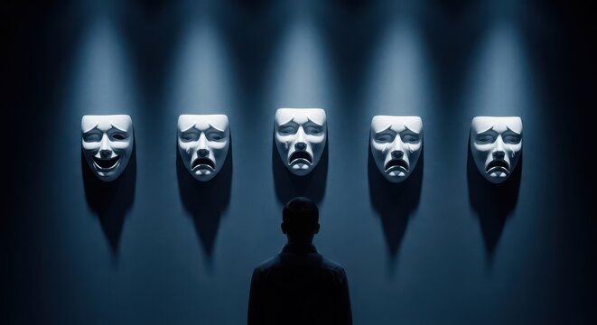Man facing multiple emotional masks on wall