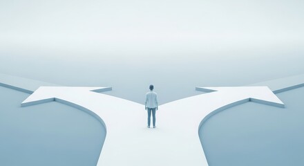 Obraz premium Man standing at crossroads with multiple directions