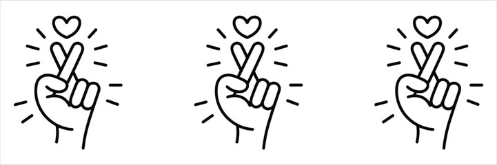 Fototapeta premium Three outline icons of a hand forming a heart shape with fingers on white Keywords: hand icon heart icon gesture icon love icon