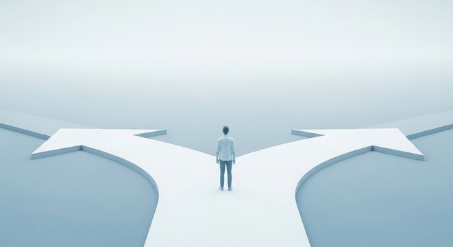 Man standing at crossroads with multiple directions