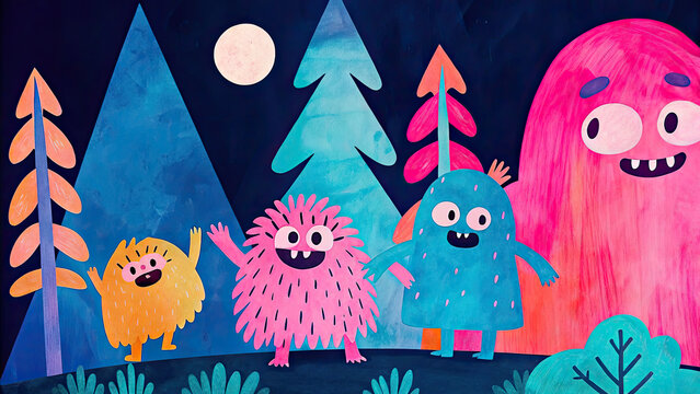 Monsters dance joyfully in whimsical night forest concept. Colorful illustration of whimsical monsters in a forest setting.