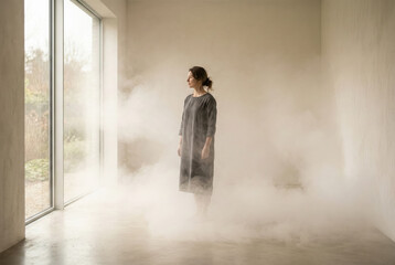 Lone figure in misty room with soft light, surreal minimal mood concept .generative AI