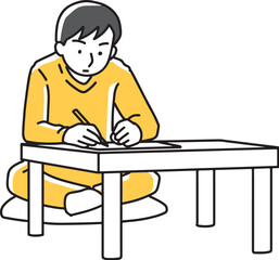 テーブルで手紙を書く男性